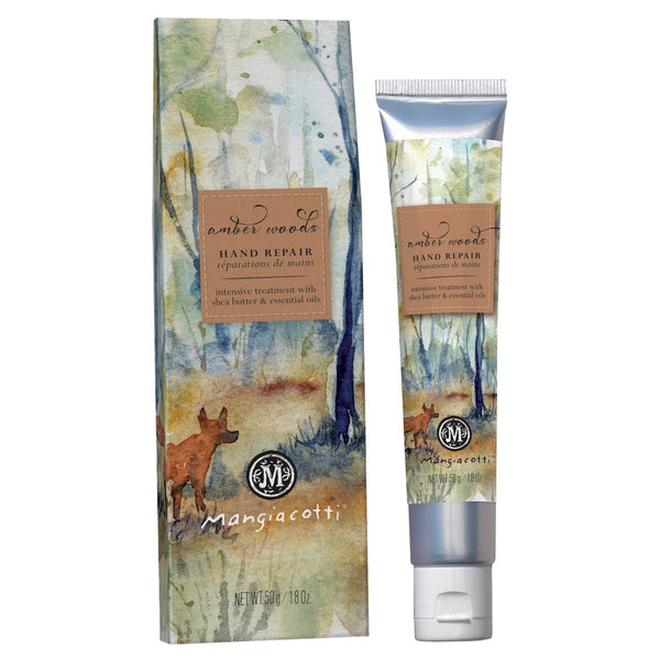 Mangiacotti Amber Woods Hand Repair is a nourishing cream in a tube and box, enriched with shea butter and essential oils. The packaging features watercolor forest art with a fox, reflecting its intensive care formula.