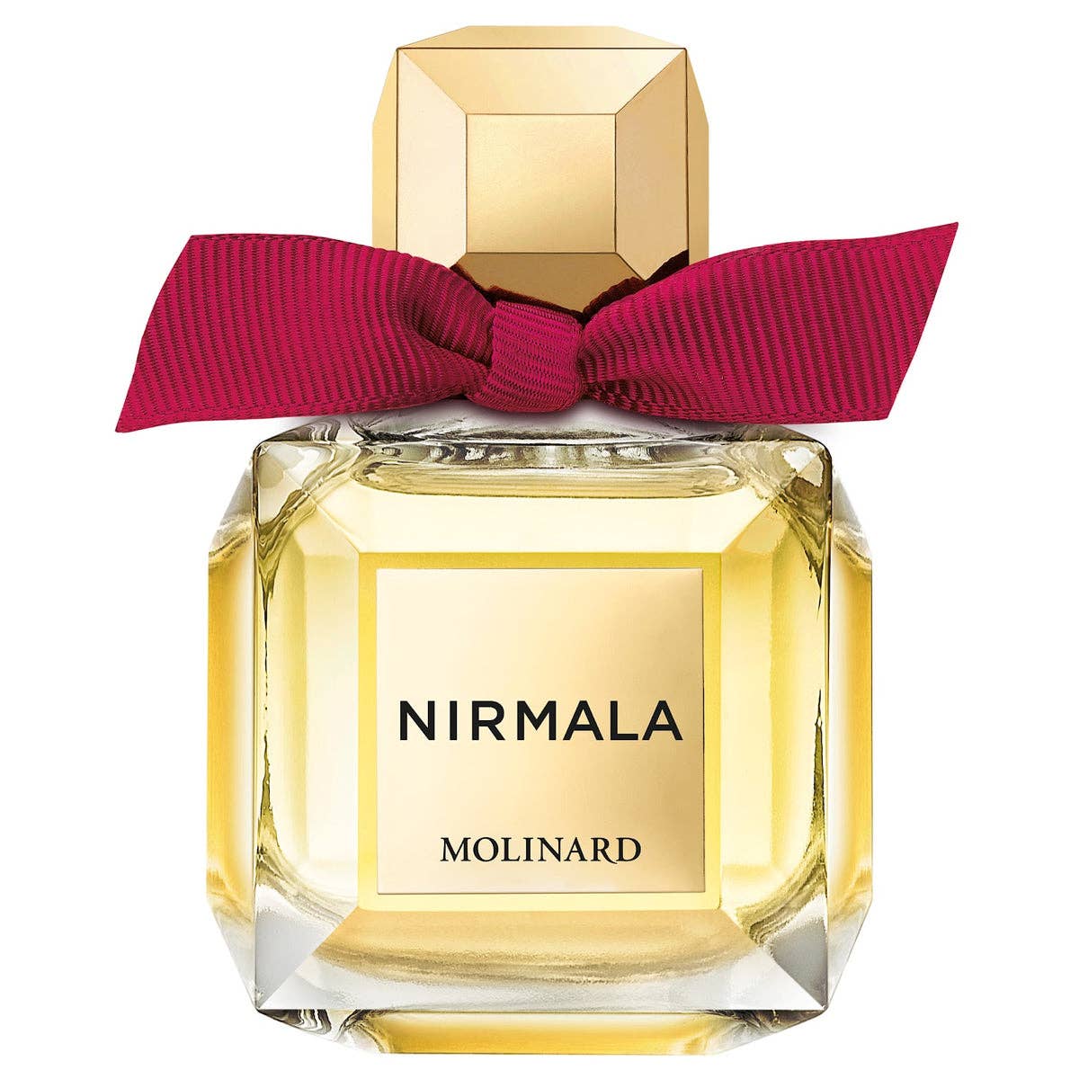 A clear glass bottle of Molinard Nirmala Eau de Parfum by Molinard, featuring a gold cap and a bold red bow at the neck, filled with an exotic golden floral fragrance.