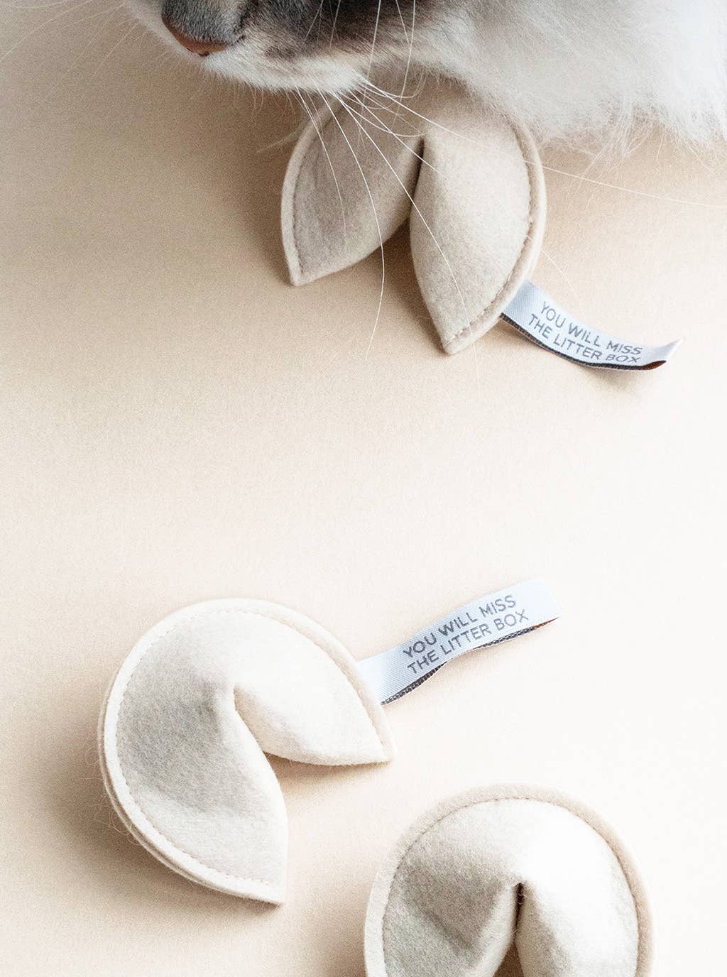 A close-up of a cat’s nose above three MODERNBEAST Kitty Fortune Cookie Organic Catnip Cat Toys made from eco felt, each featuring the fortune “YOU WILL MISS THE LITTER BOX,” arranged on a light beige surface.
