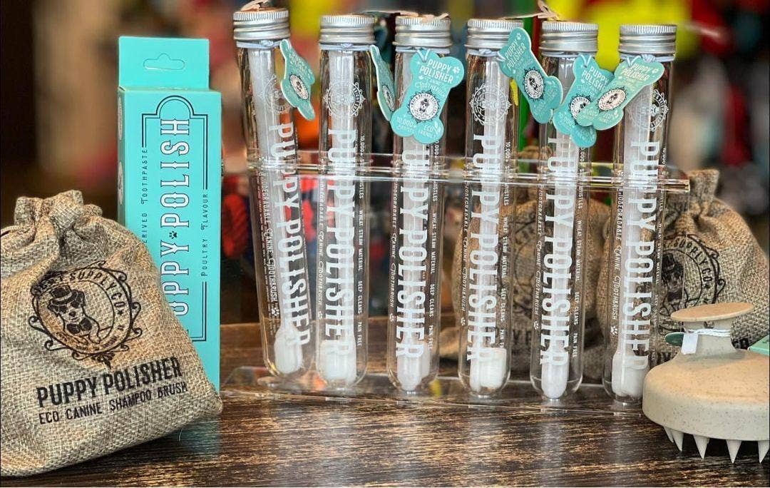 A selection of Wag & Bright Supply Co. grooming products features test tube-shaped bottles in a stand, a burlap bag labeled "eco canine shampoo/hemp," a grooming brush made from wheat straw bioplastic, and a turquoise product box marked as the Puppy Polisher Eco Toothbrush (Medium).