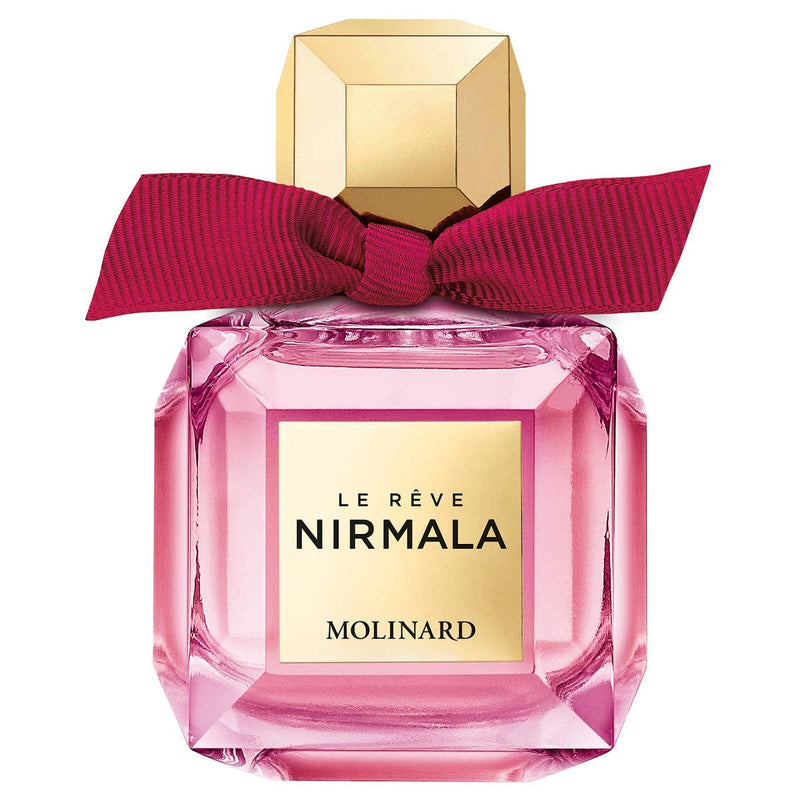 A pink Molinard Le Rêve Nirmala Eau de Toilette bottle for women features a gold cap and a dark red bow tied around the neck.