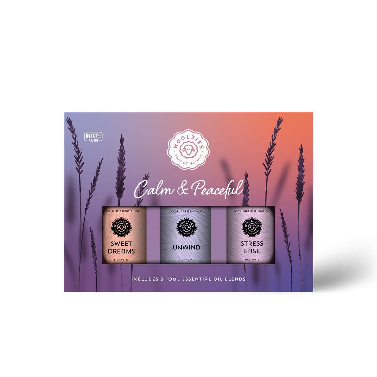 The Woolzies Calm & Peaceful Collection includes three 10ml blends—Sweet Dreams, Unwind, and Stress Ease—for restful sleep and a calm mind, packaged with soothing pastel colors and lavender silhouettes.
