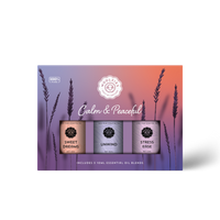 The Woolzies Calm & Peaceful Collection includes three 10ml blends—Sweet Dreams, Unwind, and Stress Ease—for restful sleep and a calm mind, packaged with soothing pastel colors and lavender silhouettes.