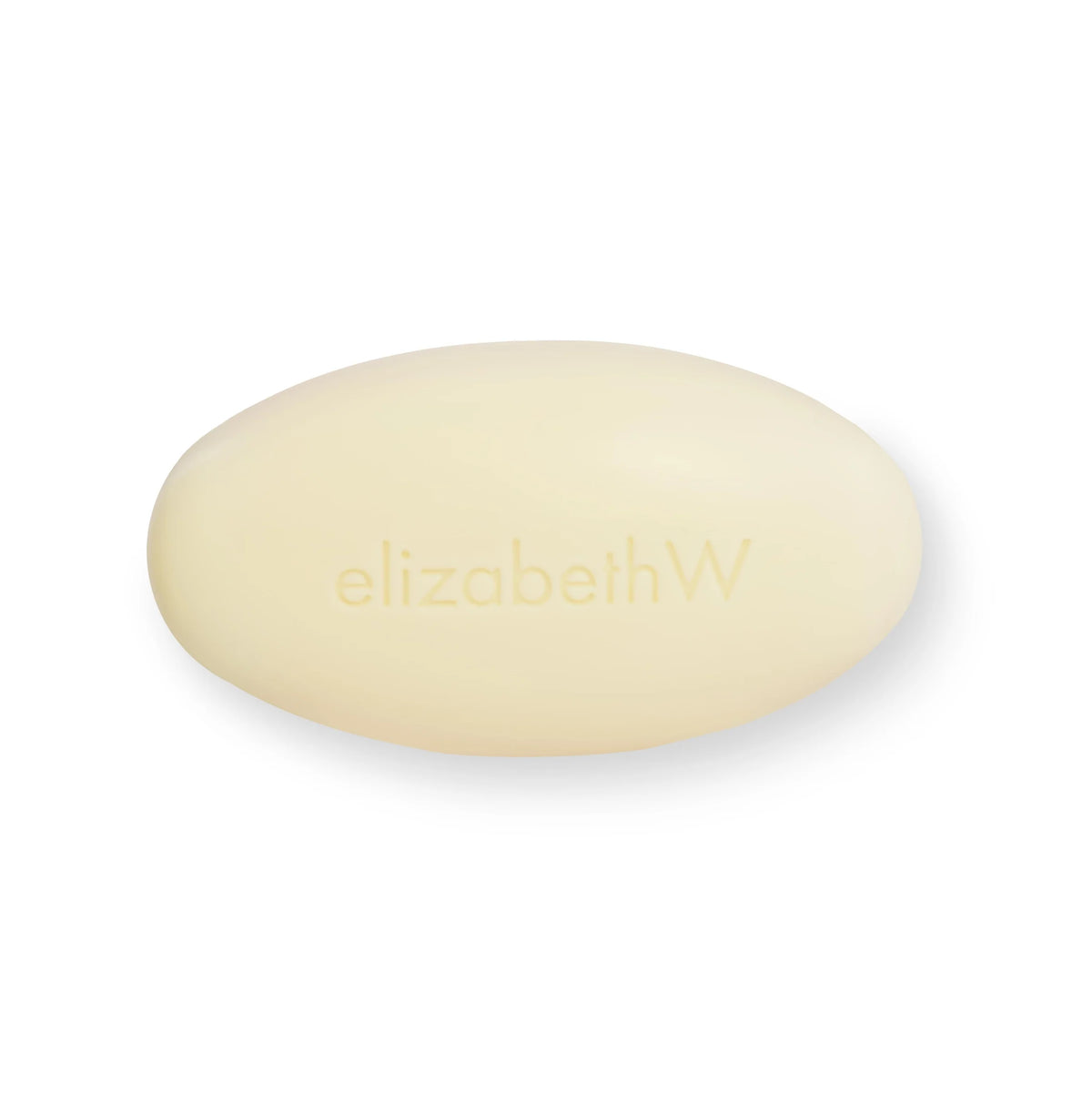A single oval-shaped, pale yellow, triple-milled bar soap with the embossed brand name "elizabeth W" on a white background.