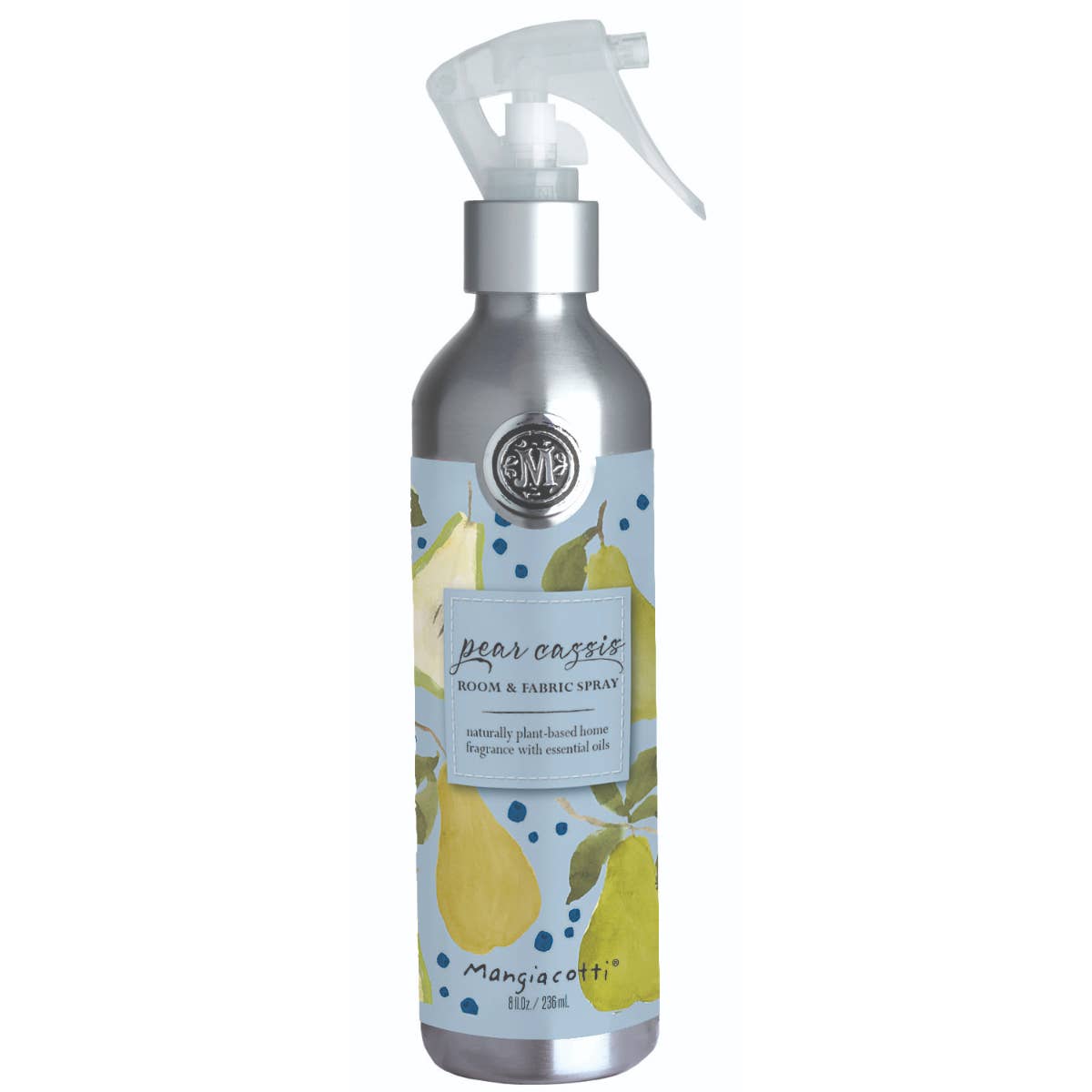 The Mangiacotti Pear & Cassis Room & Fabric Spray 8 Oz. features a silver bottle with pears and green leaves on a light blue background, plus a clear spray nozzle for easy home or fabric freshening.