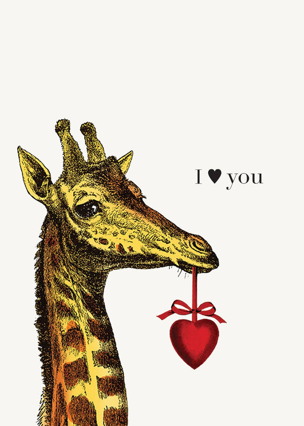 The P. Flynn Design / Phun House "I Heart You" 5x7 Greeting Card features an illustrated giraffe with a red heart and ribbon in its mouth, alongside the text "I ♥ you" on a plain white background.