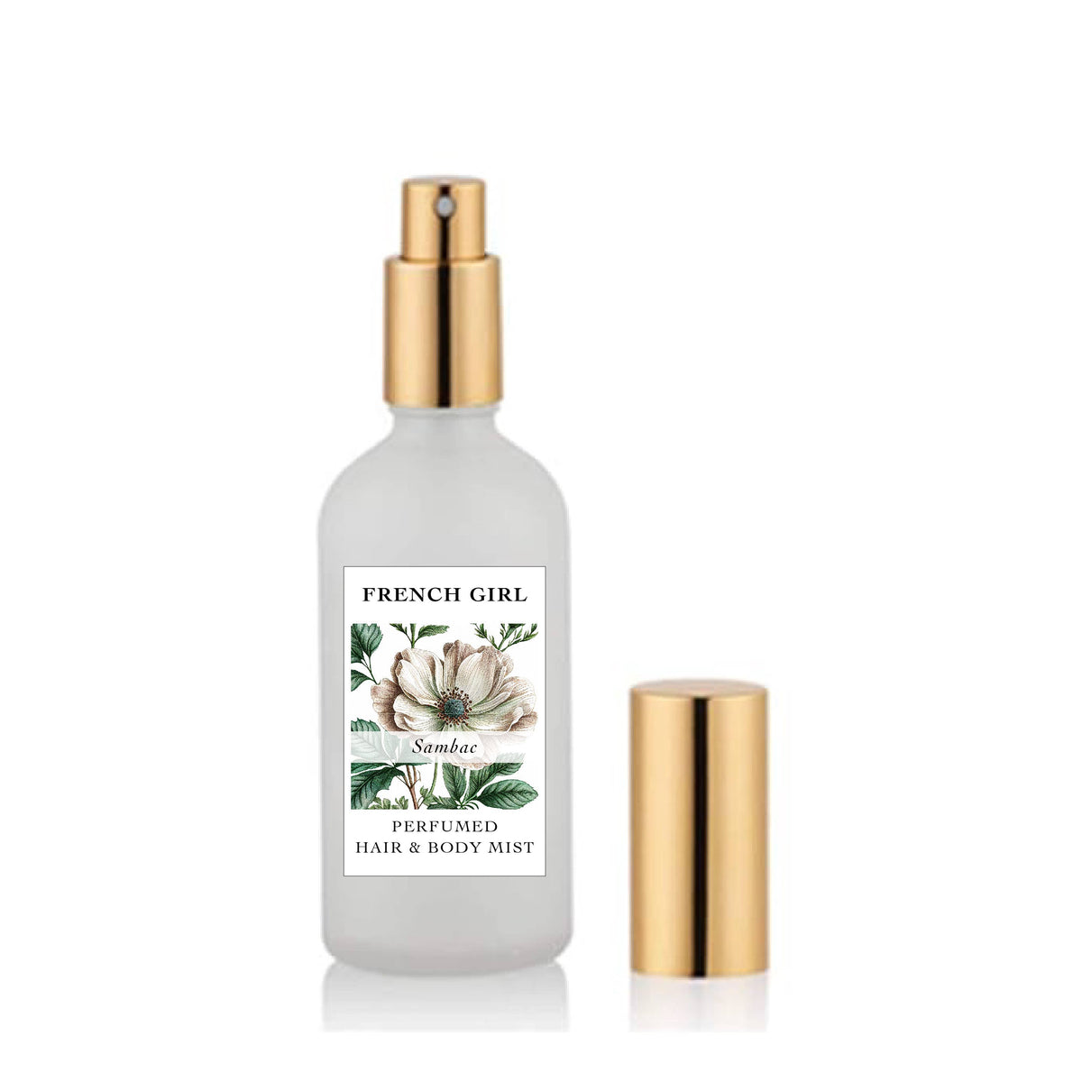 A frosted glass spray bottle of FRENCH GIRL Perfumed Hair & Body Mist (Alcohol-Free, Vegan, 3 Scents) with a gold cap beside it; the label shows a white flower and green leaves illustration.