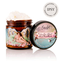 Barefoot Venus's The Vanilla Effect Instant Hand Repair Balm boasts a luxurious, creamy texture in its jar. The design features a winged woman surrounded by flowers and highlights that it is an "IPSY Fan Favourite." Crafted with a natural blend, this balm is formulated to nourish and heal.