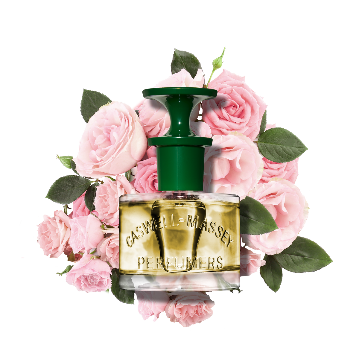 The Caswell-Massey Rose Perfume 60mL bottle, with a green cap and elegant label, is displayed before pink roses and green leaves, capturing the fresh scent and classic style of Caswell-Massey's signature rose fragrance.