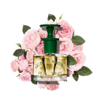 The Caswell-Massey Rose Perfume 60mL bottle, with a green cap and elegant label, is displayed before pink roses and green leaves, capturing the fresh scent and classic style of Caswell-Massey's signature rose fragrance.