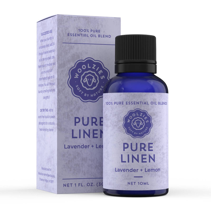 A blue bottle of Woolzies Pure Linen Essential Oil stands before its matching purple and white box—ideal as a fabric freshener or paired with dryer balls.