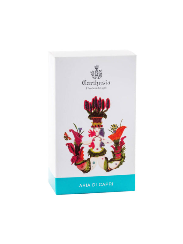 White Carthusia I Profumi di Capri product box with a vibrant illustration featuring an ornate, colorful carousel horse design and the text "Carthusia Aria di Capri Eau de Parfum - 100ml" on it, encapsulating the essence of Capri.