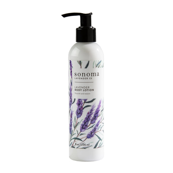 A white bottle of Sonoma Lavender Body Lotion by Sonoma Lavender, with a black pump, lavender flower graphics, and a label showing 8 oz (236 ml), enriched with soothing lavender essential oil.