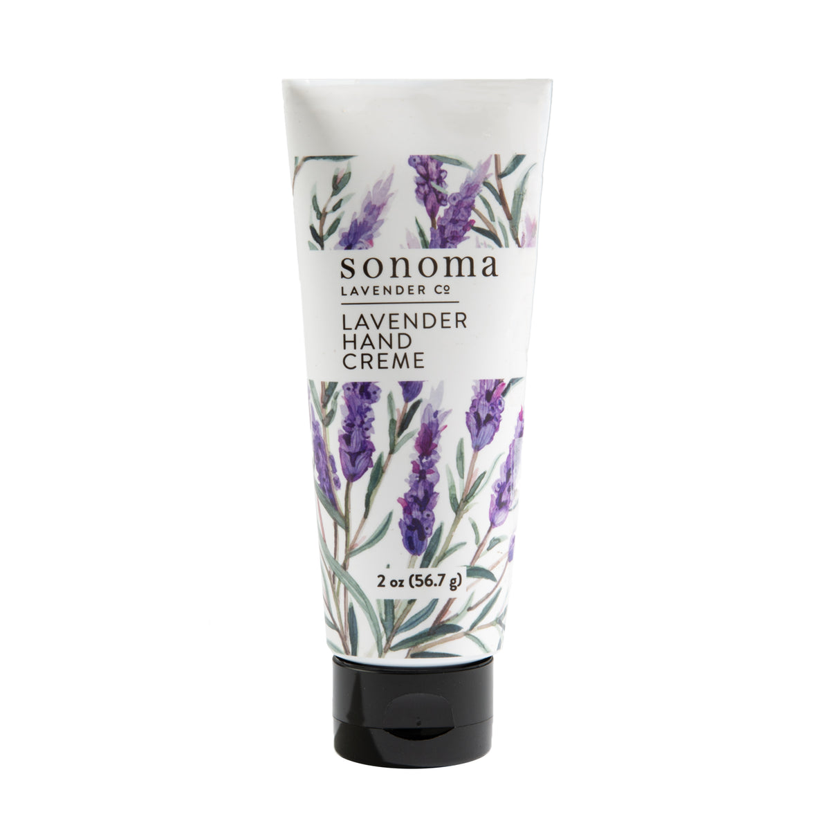 A 2 oz tube of Sonoma Lavender Hand Cream by Sonoma Lavender, featuring a black cap and adorned with illustrations of purple lavender flowers against a white background, provides moisturizing care for gentle and soothing hand comfort.