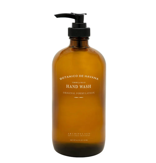 Amber-colored pump bottle of Archipelago Botanico de Havana Hand Wash by Archipelago Botanicals, featuring a tall silhouette, black pump, simple white text, and infused with bergamot notes in an eco-friendly design.