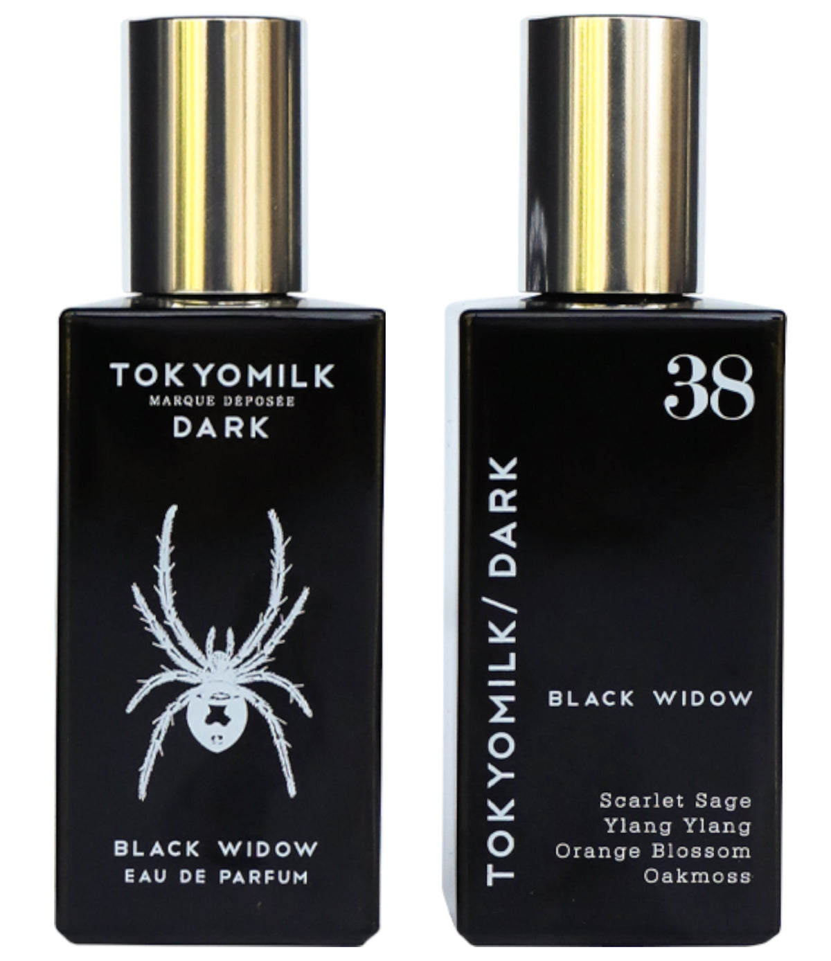 Two black bottles of Margot Elena's TokyoMilk Dark Black Widow No. 38 Eau de Parfum labeled "Eau De Parfum" and "Black Widow". The left bottle features a white spider design, and the right lists.