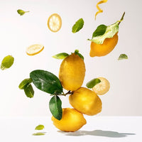Three whole lemons with green leaves, lemon slices, zest curls, and mint leaves float in midair against a light background, capturing the vibrant freshness of Roger & Gallet Citron Wellbeing Fragrant Water 1 oz.