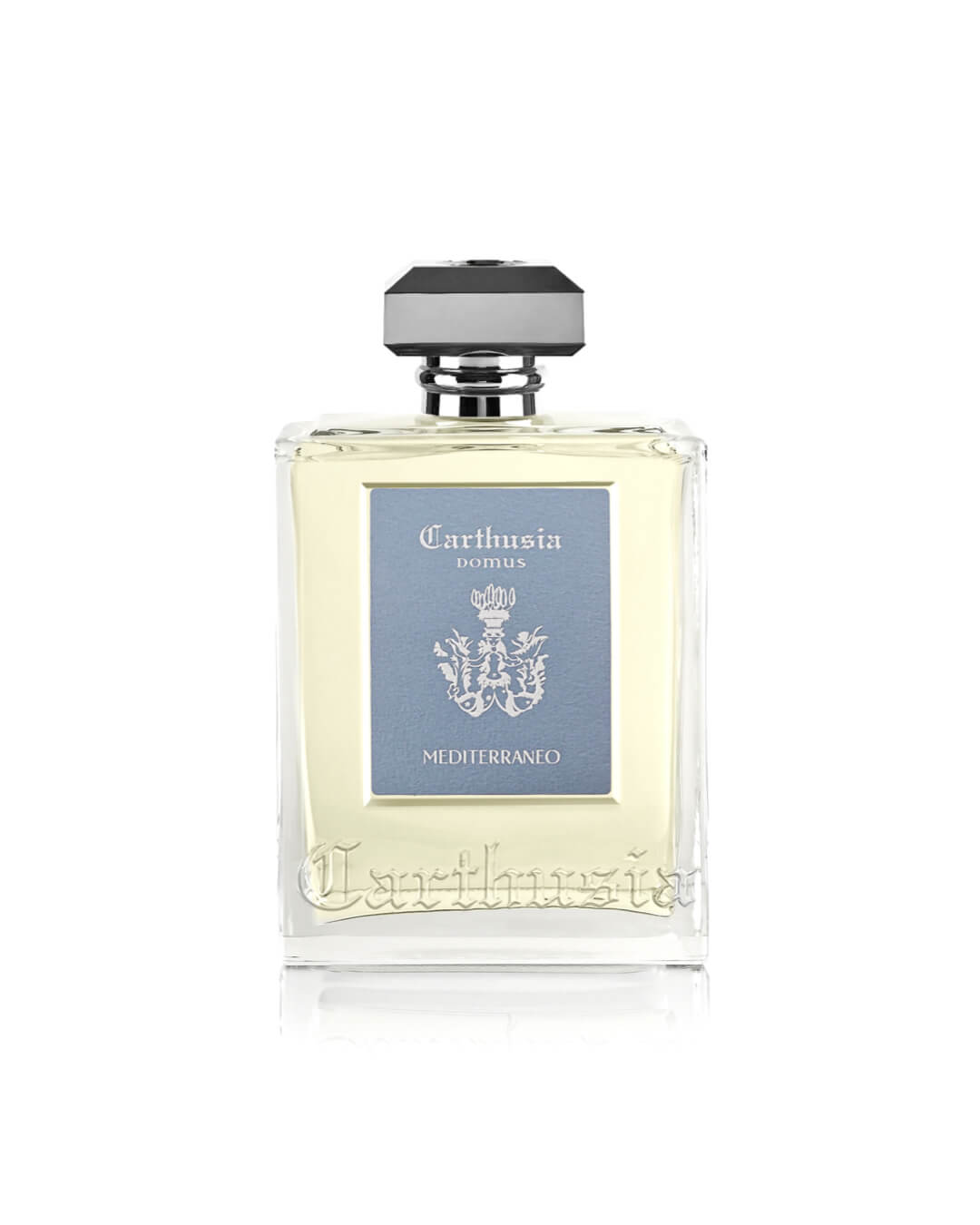 A clear glass Carthusia Mediterraneo Reed Diffuser (230ml) by Carthusia I Profumi di Capri features a metallic cap and light blue label with the brand’s crest, embodying Italian minimalism—perfect for refined home fragrance lovers.