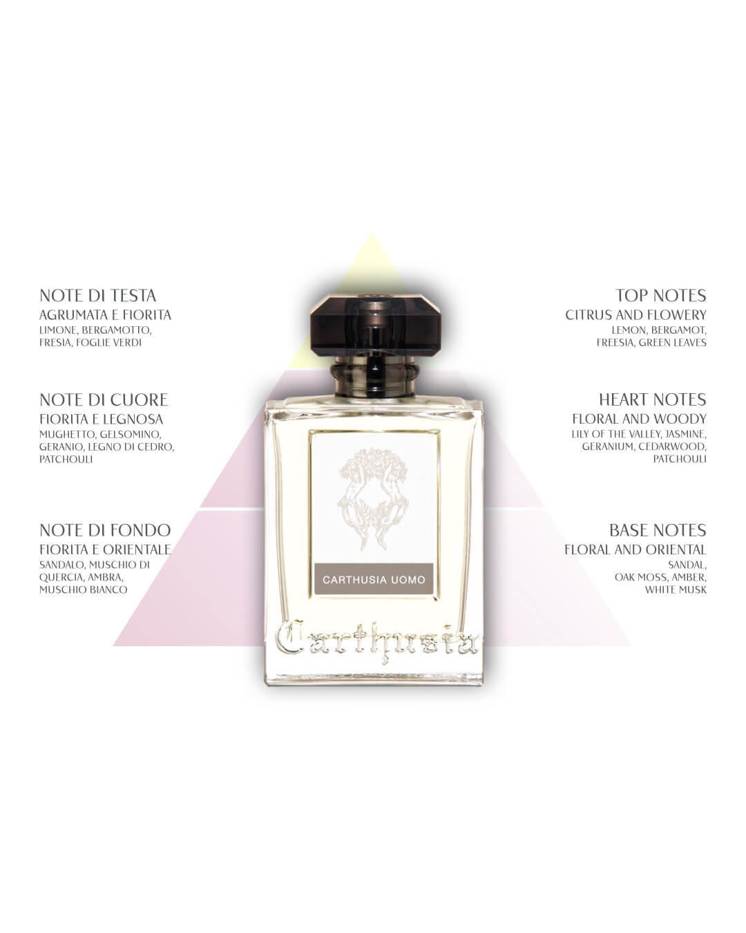 A Carthusia Uomo Soap bar from Carthusia I Profumi di Capri stands central with its name and logo, surrounded by Italian and English scent notes. A pastel triangle backdrop hints at the gentle cleansing ideal for sensitive skin.