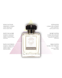 A Carthusia Uomo Soap bar from Carthusia I Profumi di Capri stands central with its name and logo, surrounded by Italian and English scent notes. A pastel triangle backdrop hints at the gentle cleansing ideal for sensitive skin.