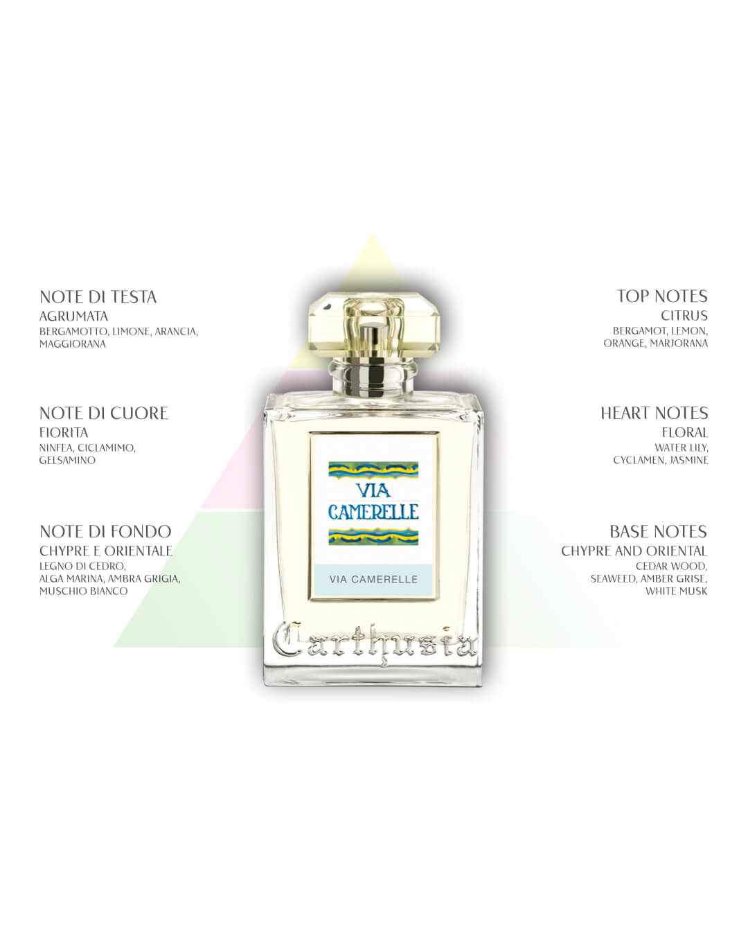 A clear bottle labeled "Via Camerelle" by Carthusia I Profumi de Capri is centered on a white background, evoking the freshness of Carthusia Via Camerelle Soap. Italian and English fragrance notes appear around faint pastel shapes behind the bottle.