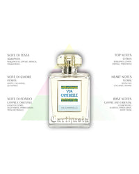 A clear bottle labeled "Via Camerelle" by Carthusia I Profumi de Capri is centered on a white background, evoking the freshness of Carthusia Via Camerelle Soap. Italian and English fragrance notes appear around faint pastel shapes behind the bottle.