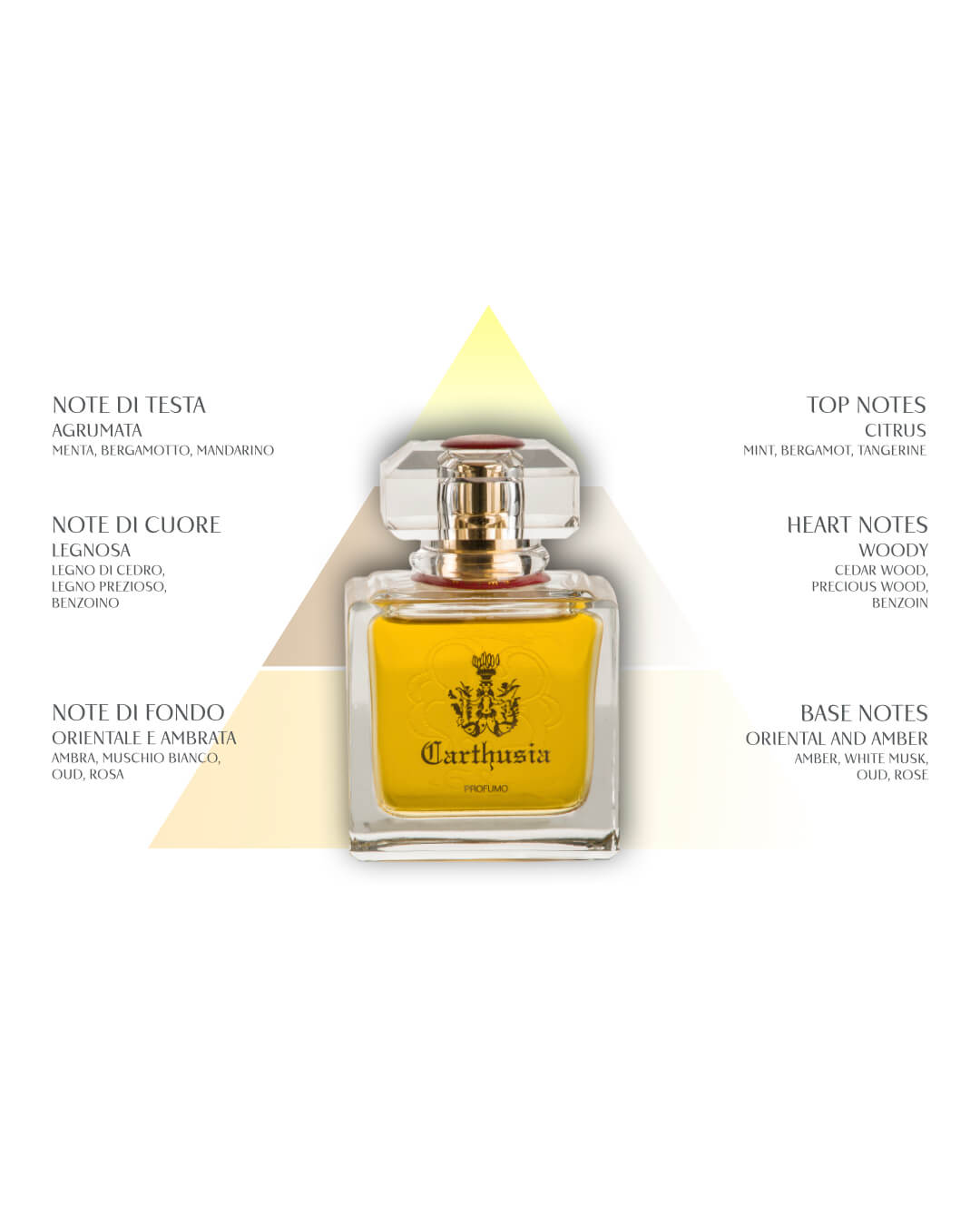 A square glass bottle of Carthusia I Profumi di Capri's Prima del Teatro di San Carlo Parfum stands on a pale triangle, with Italian and English text detailing its citrus top notes, woody heart, and oriental-amber oud base.