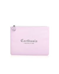 A Carthusia Fiori di Capri Travel Clutch Bag with the text "Carthusia I Profumi di Capri" printed in gray on the front. The zipper pull features a matching pink tag with a gray emblem. Simple and elegant in design, it reflects the delicate Flowers of Capri scent from Carthusia I Profumi de Capri.