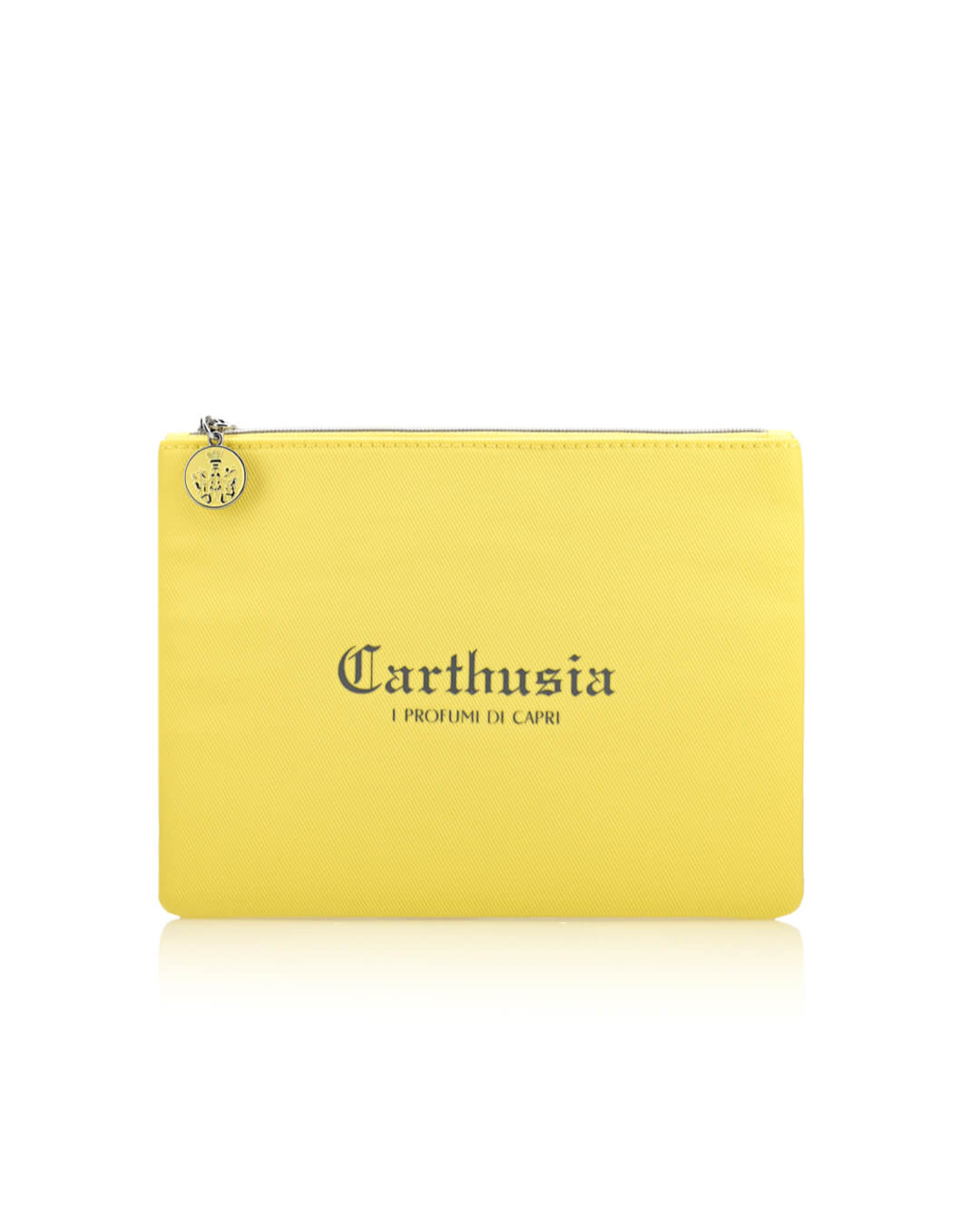 A small yellow zippered travel clutch with a silver zipper and a round silver charm. The front of the pouch is printed with "Carthusia I Profumi de Capri" in black text, perfect for carrying your favorite Carthusia I Profumi de Capri products infused with the Mediterraneo scent.