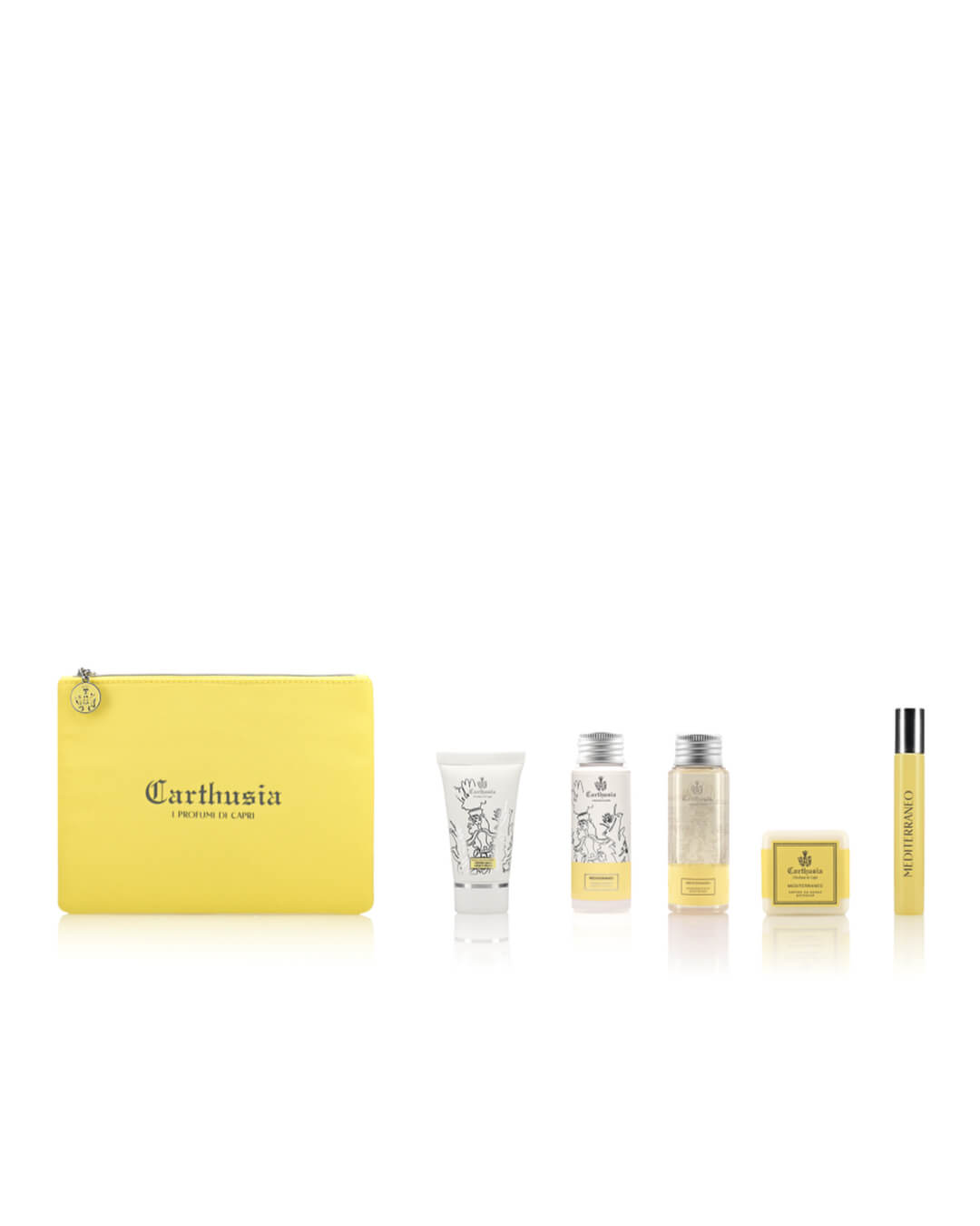 A yellow Carthusia I Profumi de Capri Mediterraneo Travel Clutch Bag is lined up with five travel-sized Carthusia I Profumi de Capri products: a white tube with a floral design, two cylindrical bottles, a small rectangular box, and a yellow rollerball bottle. The background is white. The arrangement perfectly showcases their Mediterraneo scent collection.