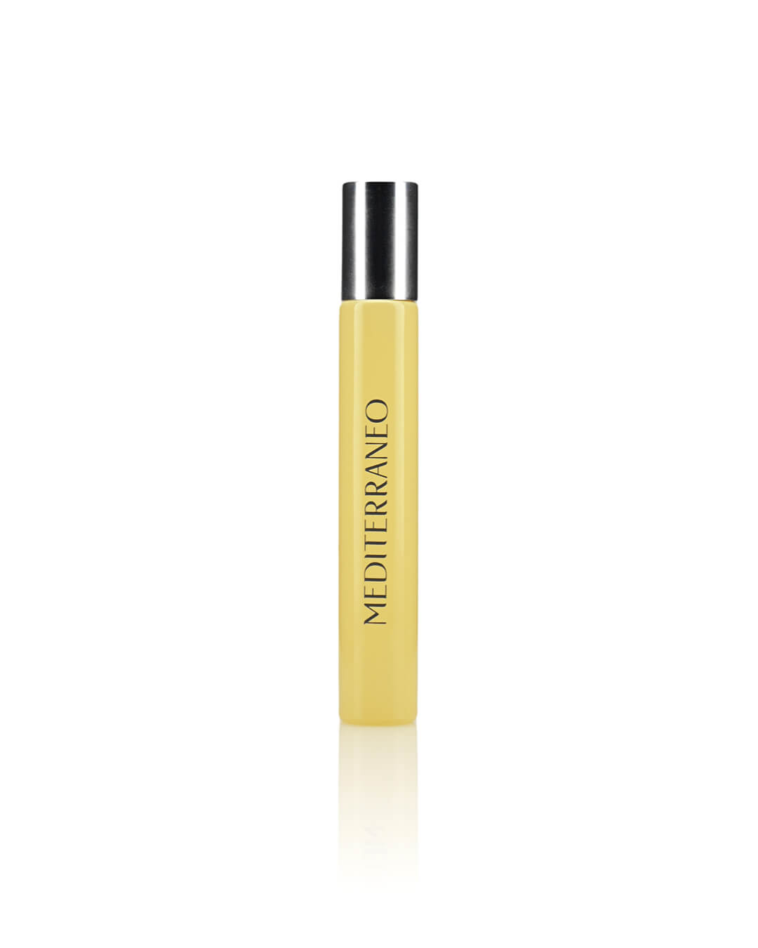 A yellow tubular bottle with a silver cap, labeled "MEDITERRANEO" in black text, stands upright against a white background. This Carthusia I Profumi de Capri product embodies the signature Mediterraneo scent.