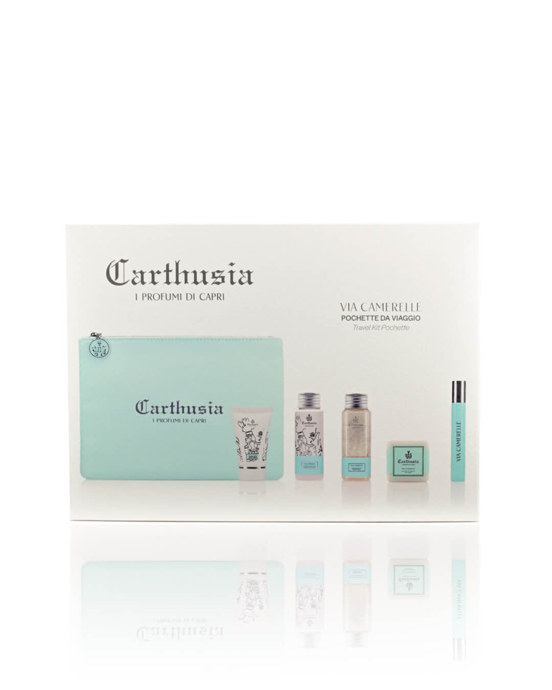 A boxed set of "Carthusia Via Camerelle Travel Clutch Bag" by Carthusia I Profumi di Capri featuring a turquoise zipper pouch and four bottles of various perfumes and toiletries displayed in front of the pouch. The packaging, inspired by the Capri fragrance, is minimalist with white and turquoise accents.