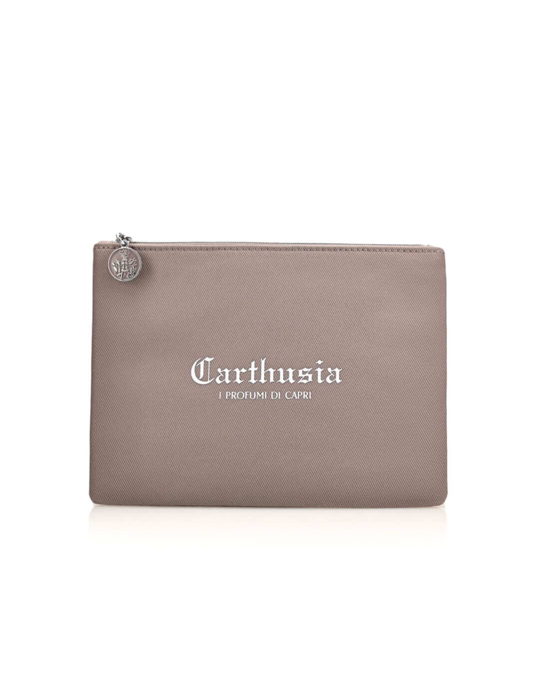 A taupe zippered pouch with a silver charm on the zipper pull, featuring the text "Carthusia I Profumi Di Capri" in elegant white font on the front. Perfect for those who appreciate Carthusia Uomo, this **Carthusia Uomo Travel Clutch Bag** offers stylish functionality for any journey.