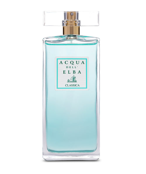 Acqua dell'Elba Classica Donna - 100ml by Acqua dell'Elba is a Mediterranean-inspired perfume in a clear rectangular bottle, with light blue liquid, a white label, turquoise text, a sailboat graphic, and floral and marine fragrance notes.