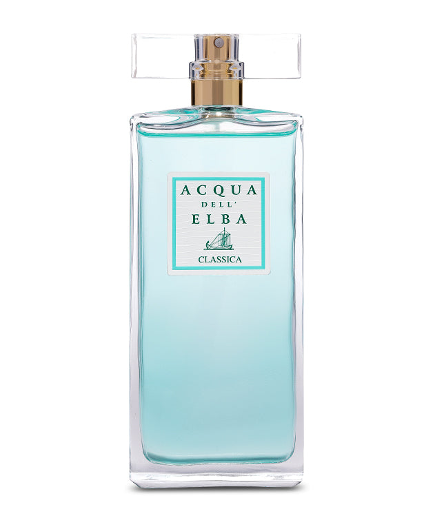 Acqua dell'Elba Classica Donna - 100ml by Acqua dell'Elba is a Mediterranean-inspired perfume in a clear rectangular bottle, with light blue liquid, a white label, turquoise text, a sailboat graphic, and floral and marine fragrance notes.
