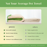 A folded Petora RUB ME MORE Pet Spa Towel in beige and green sits above a chart comparing its softness, quick drying, ultra-absorbency, reduced frizz, and various size options to other towels.