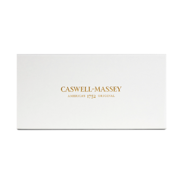 The Caswell-Massey Blue Logo Gift Box for Oval Bar Soaps is a white rectangular box with gold text, ideal for creating a personalized gift set.