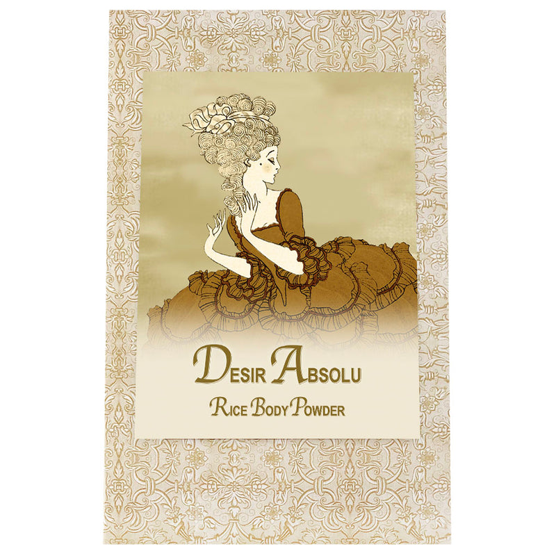 Vintage product label for La Bouquetiere Desir Absolu Body Powder Refill featuring an illustrated woman in a large, ornate dress and an elaborate hairstyle, set against a floral patterned background