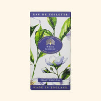 The English Soap Co. White Jasmine Eau de Toilette (100ml) is a cruelty-free perfume made in England, presented in a box with watercolor-style green leaves and white flowers.