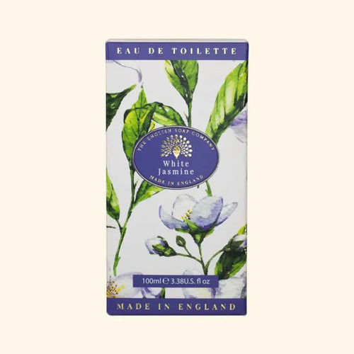 The English Soap Co. White Jasmine Eau de Toilette (100ml) is a cruelty-free perfume made in England, presented in a box with watercolor-style green leaves and white flowers.