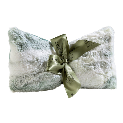 Plush and cozy, this soft white and mint pillow with a sage “Sonoma” ribbon is perfect for stress relief or pairing with the Sonoma Lavender Eucalyptus Snowmint Spa Mask for ultimate relaxation.