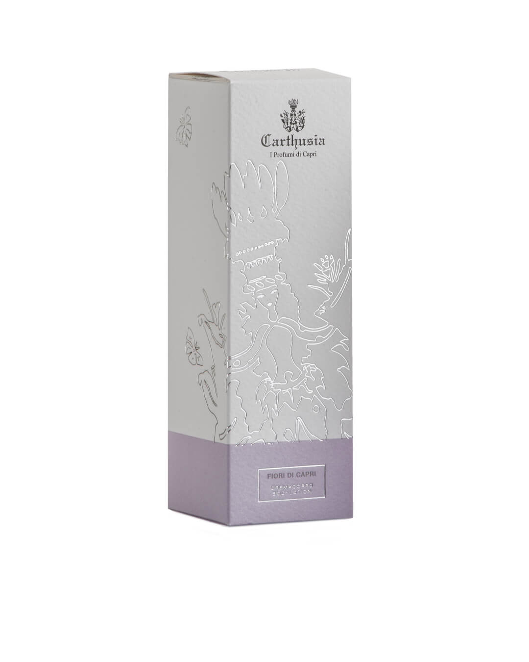 A rectangular Carthusia I Profumi di Capri Fiori di Capri Body Lotion box in white and light lavender with embossed floral illustrations and the label "Fiori di Capri Body Lotion" on the front.