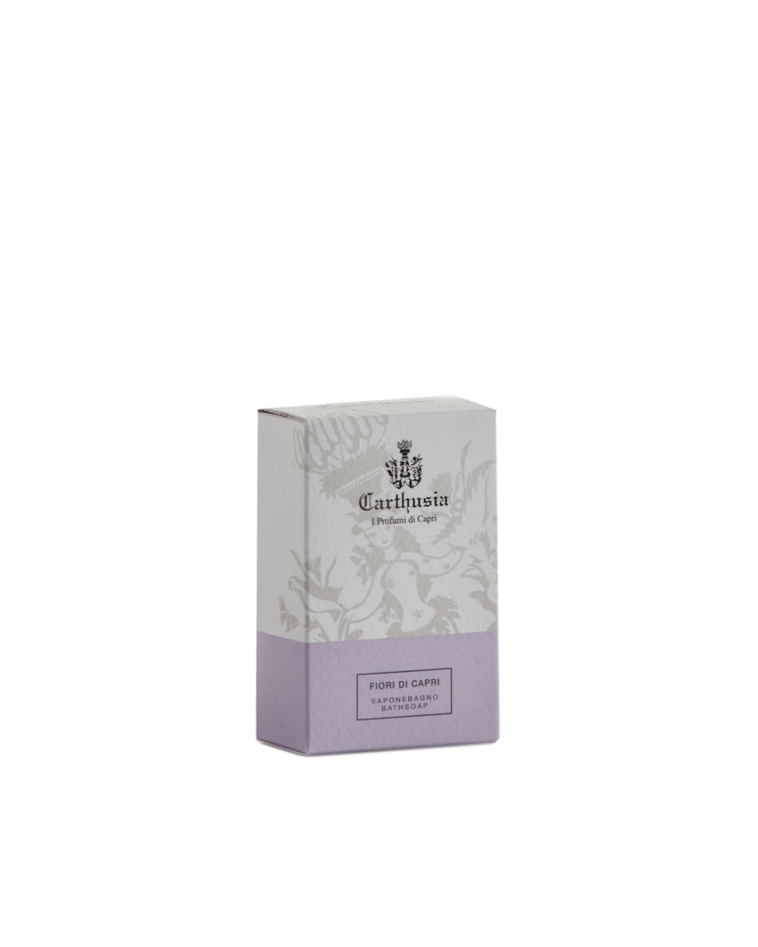 The Carthusia I Profumi di Capri Fiori di Capri Soap comes in a rectangular box with a white and light lavender floral design and logo, perfect for sensitive skin.
