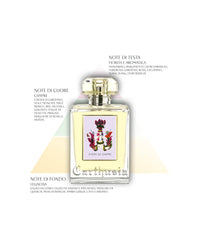 The Carthusia I Profumi di Capri Fiori di Capri Reed Diffuser (230ml) sits on a white background with floral art. Surrounding text highlights its floral-aromatic top, spicy-floral heart, and woody-musk-amber base notes—perfect for fragrance lovers.