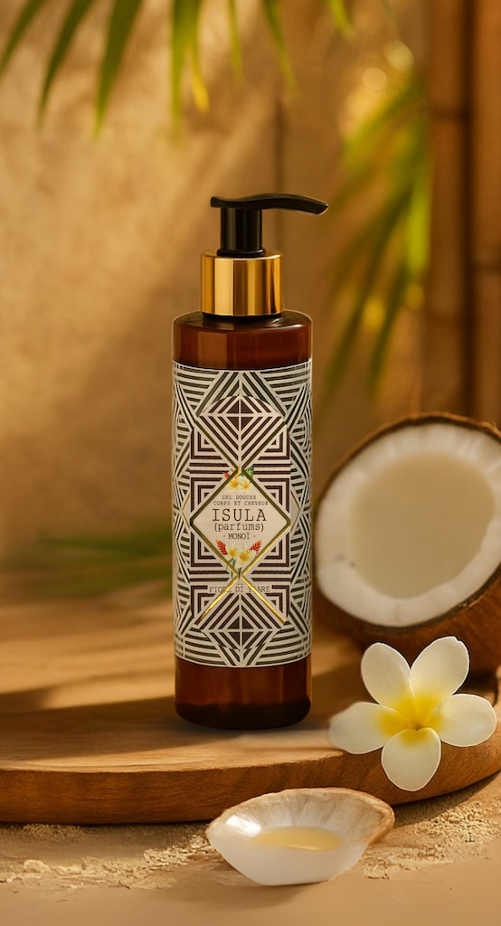 A bottle of ISULA parfums Isula Fiore di Tiare - Monoi Tiare Flower Body and Hair Shower Gel with a geometric black and white pattern sits on a wooden tray beside monoi oil, coconut, frangipani flower, and a dish of oil in a tropical setting.