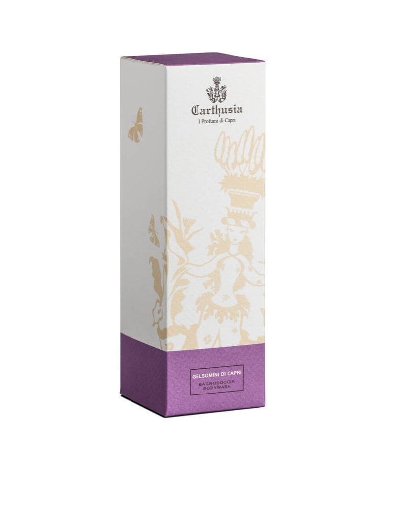 A tall, rectangular Carthusia Gelsomini di Capri shower gel box, featuring elegant off-white and purple design with intricate gold illustrations and script text. The brand's logo is displayed at the top.