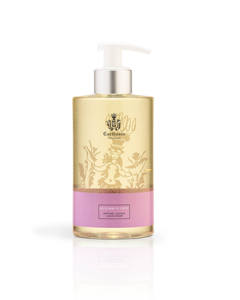 A bottle of Carthusia I Profumi de Capri Gelsomini di Capri Liquid Soap with a pump dispenser. The label features elegant black and gold designs with text and a pink band at the bottom.