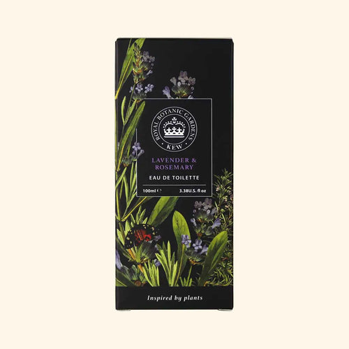 The English Soap Co. Kew Gardens Lavender and Rosemary Eau de Toilette comes in a rectangular box with botanical lavender and rosemary illustrations on a black background, featuring the Kew Gardens logo. This vegan-friendly scent offers a long-lasting fragrance.
