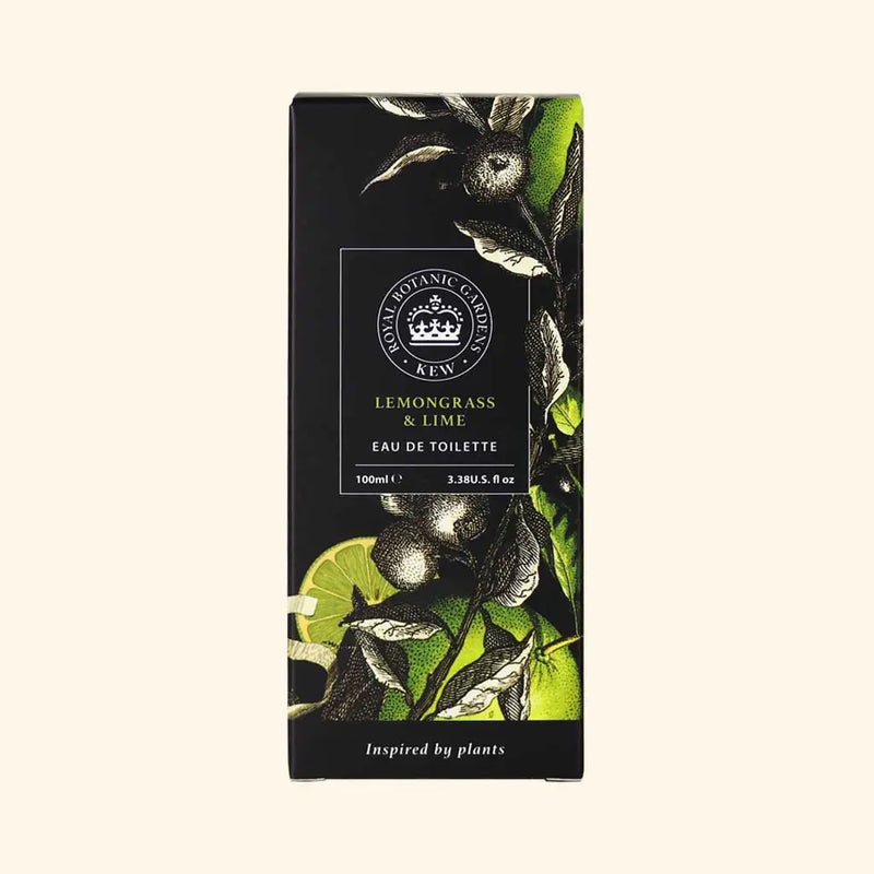 The English Soap Co. Kew Gardens Lemongrass and Lime Eau de Toilette comes in a rectangular box with lime botanical graphics, black and green accents, and "Inspired by plants" text, reflecting its vegan-friendly, lemongrass and lime scent.