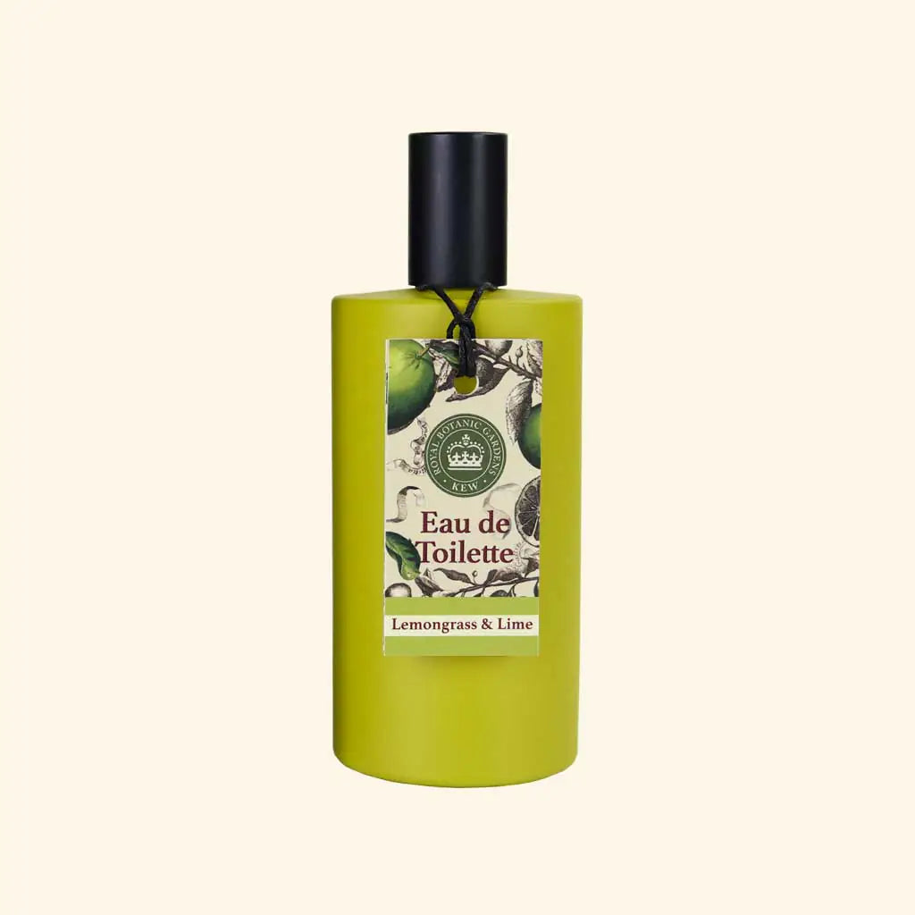 The English Soap Co. Kew Gardens Lemongrass and Lime Eau de Toilette comes in a green bottle with a black cap and botanical label, offering a refreshing vegan-friendly lemongrass and lime scent.